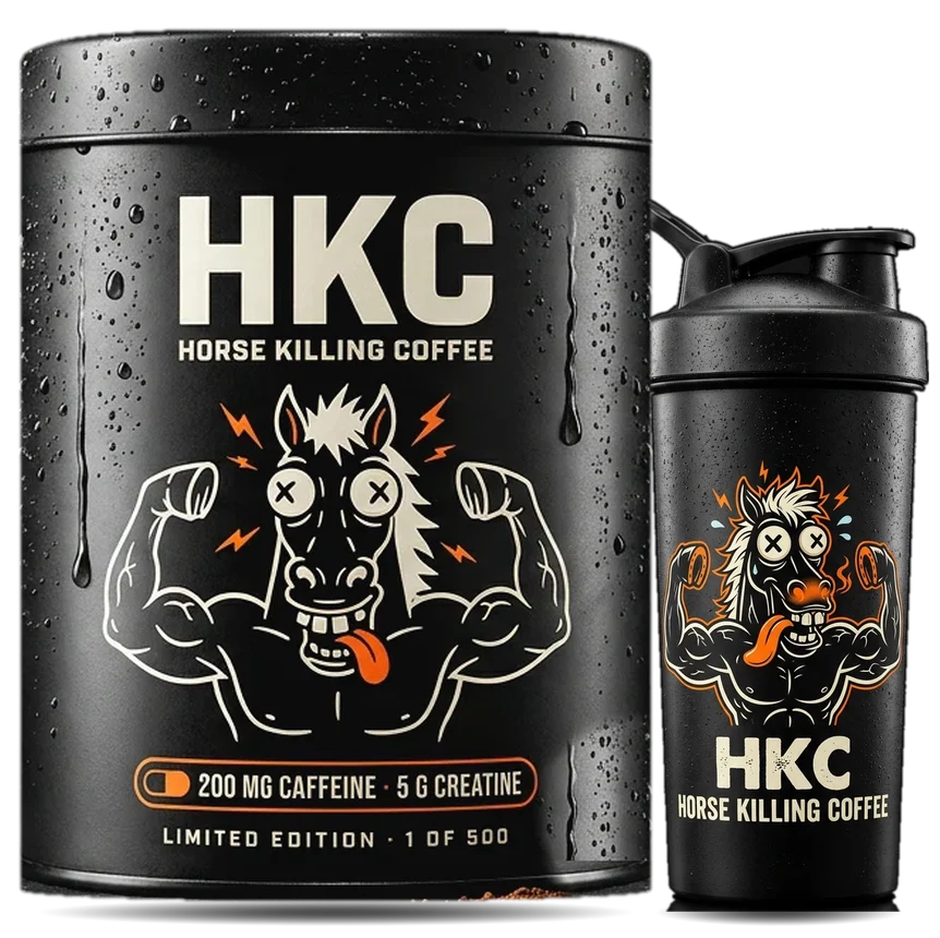 Die mattschwarze HKC-Dose, Limited Edition 1 von 500, direkt neben dem schwarzen HKC-Shaker mit dem Gaul