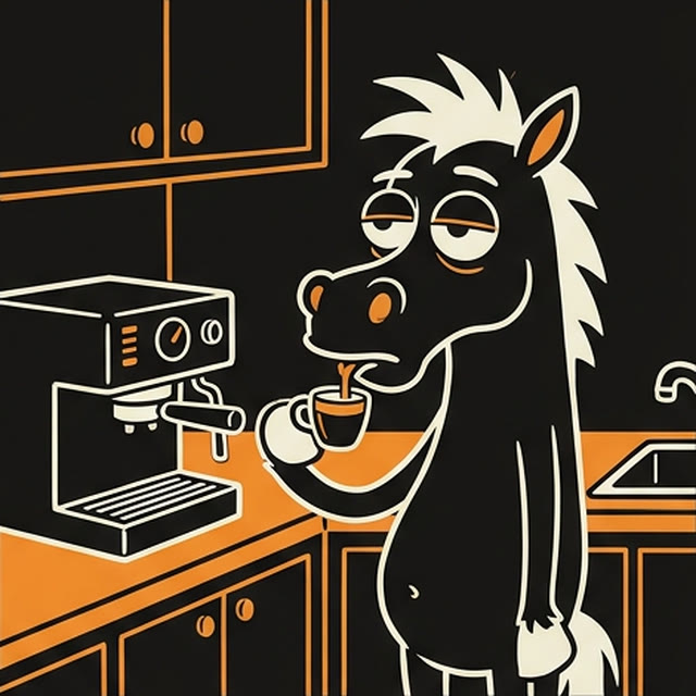 Der Gaul trinkt in der Küche einen winzigen Espresso und ist immer noch müde.