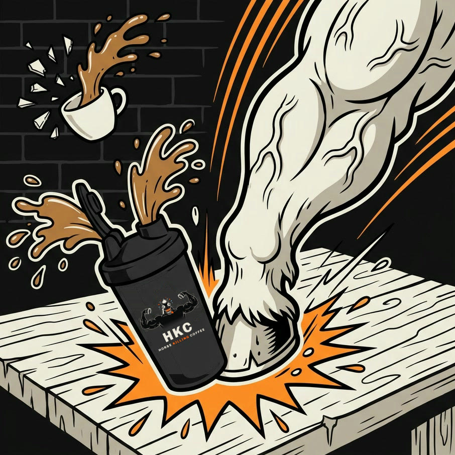 Comic: Ein riesiger muskulöser Pferdehuf knallt den HKC-Shaker auf den Tisch, Kaffee spritzt oben raus, hinten zerschellt eine Espressotasse an der Wand.